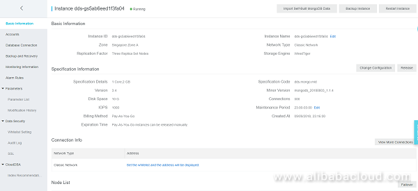 ApsaraDB for MongoDB instance overview in the portal.